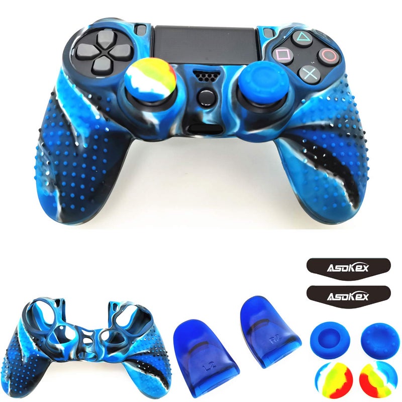 Asokex Silicone Skin Cover for Ps4 Controller (1pc Anti-Slip Case, 1 Pair L2 R2 Trigger Extender, 4pcs Thumb Grips,4pcs LED Light Bar Decal) Protector for DualShock PS4/ Slim/Pro Controller (Blue granular) - Image 1